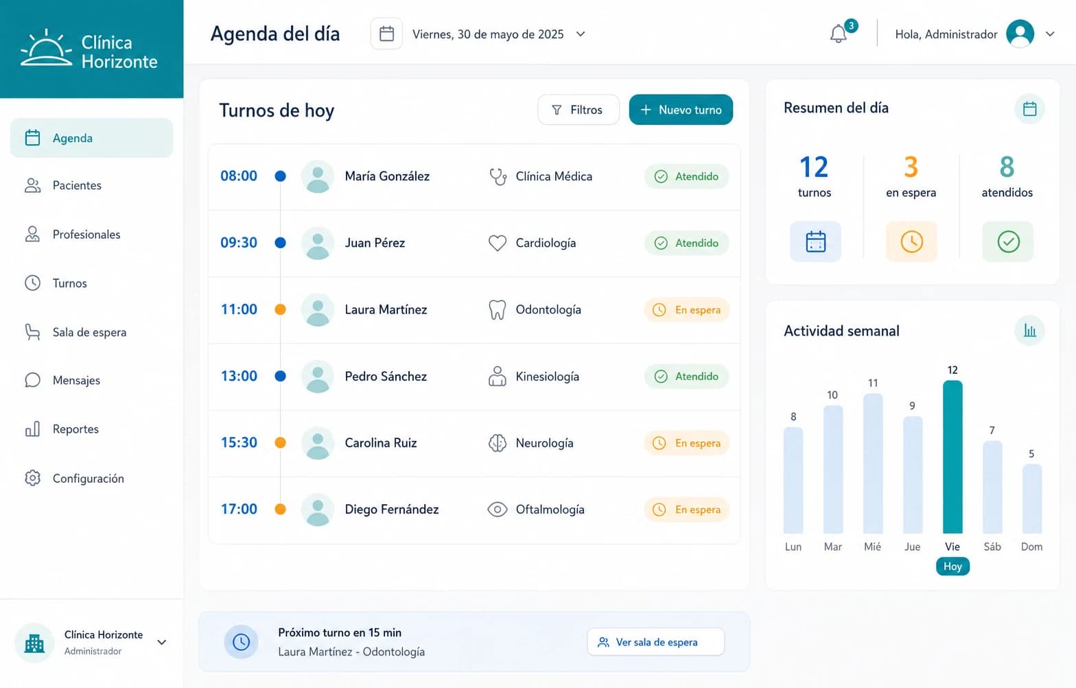 Agenda administrativa de Clínica Horizonte